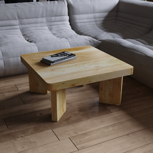 Cascade 32 Inch Coffee Table, Handcrafted Natural Acacia Wood, Square Top with Diagonal Wide Panel Legs - UPT-314337