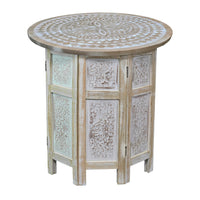 Accent Side Table, Mango Wood 18 Inch Round Top, Hand Carved Inlay Mandala Design, Washed White - UPT-315245