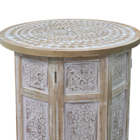 Accent Side Table, Mango Wood 18 Inch Round Top, Hand Carved Inlay Mandala Design, Washed White - UPT-315245