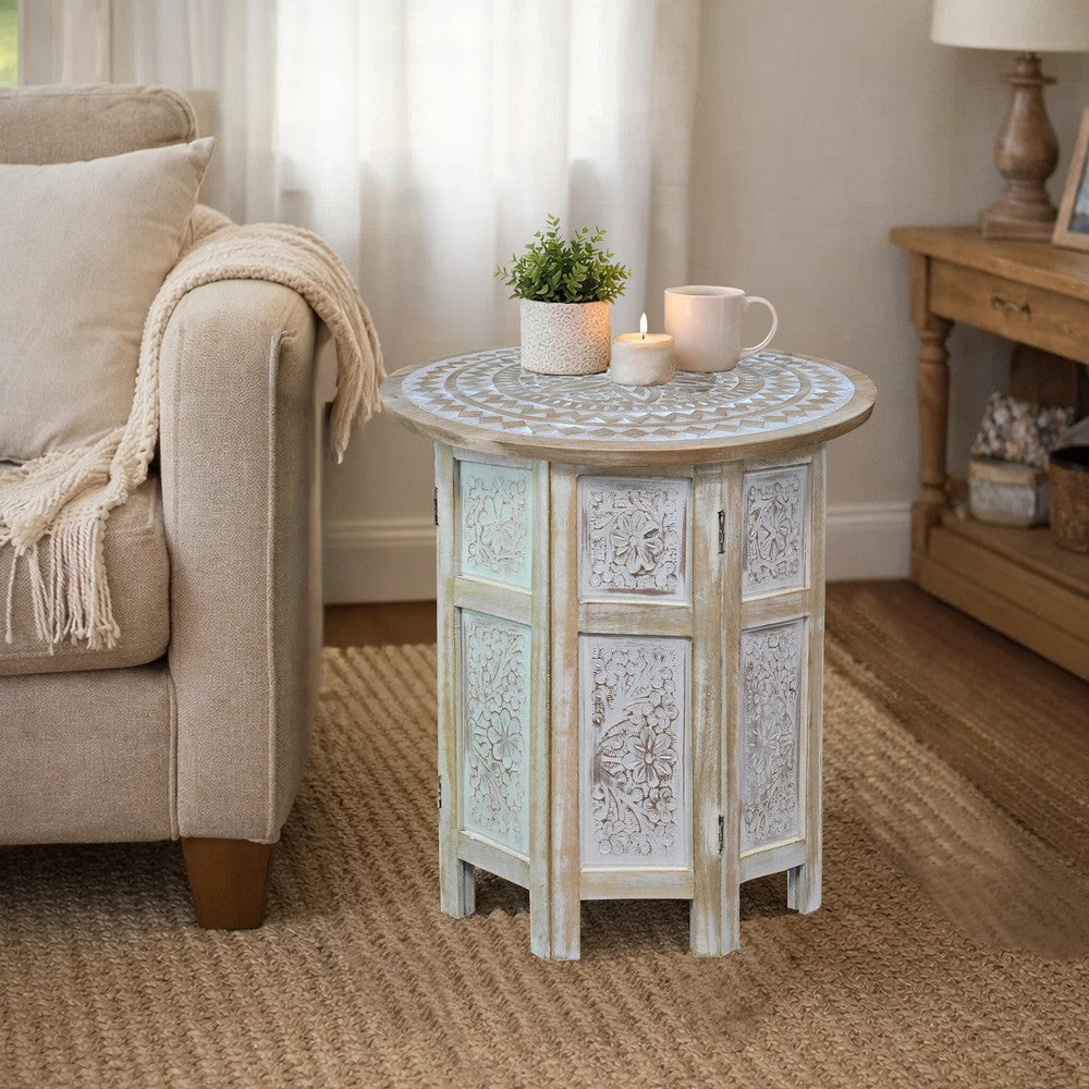 Accent Side Table, Mango Wood 18 Inch Round Top, Hand Carved Inlay Mandala Design, Washed White - UPT-315245