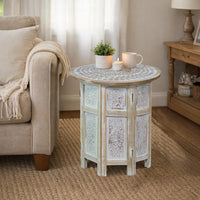 Accent Side Table, Mango Wood 18 Inch Round Top, Hand Carved Inlay Mandala Design, Washed White - UPT-315245