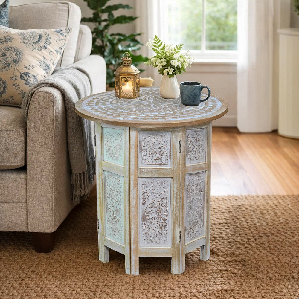 Accent Side Table, Mango Wood 18 Inch Round Top, Hand Carved Inlay Mandala Design, Washed White - UPT-315245
