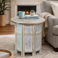 Accent Side Table, Mango Wood 18 Inch Round Top, Hand Carved Inlay Mandala Design, Washed White - UPT-315245
