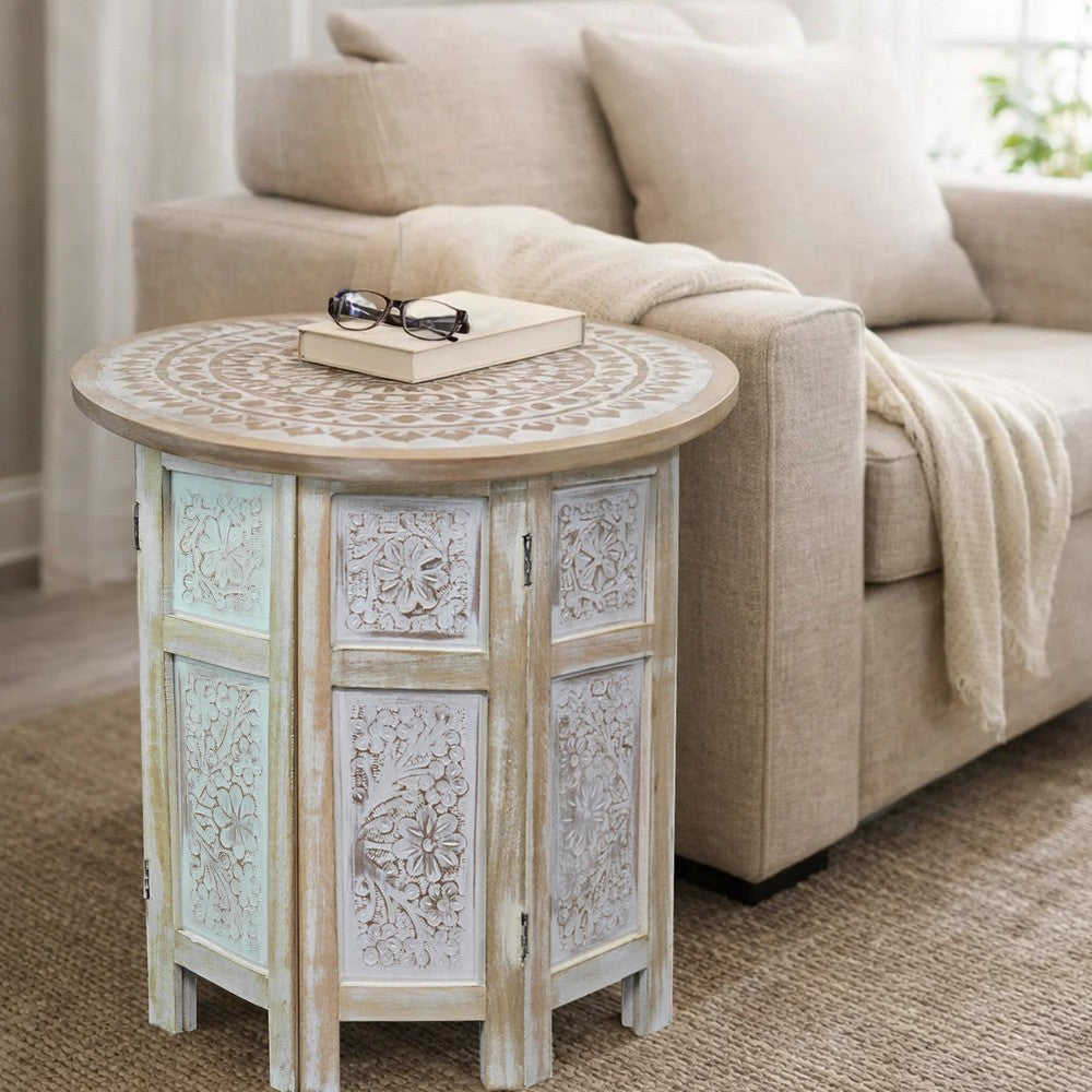 Accent Side Table, Mango Wood 18 Inch Round Top, Hand Carved Inlay Mandala Design, Washed White - UPT-315245