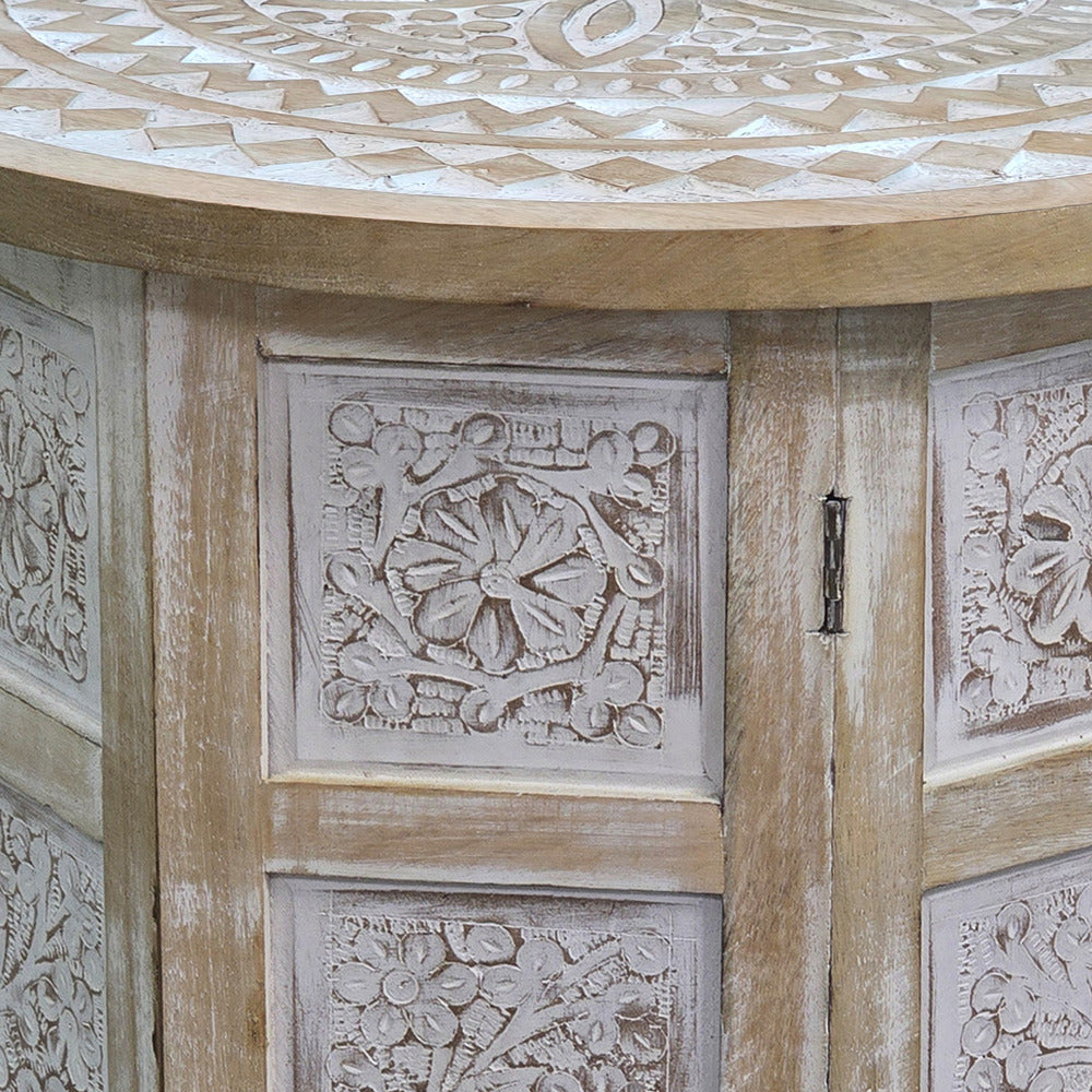 Accent Side Table, Mango Wood 18 Inch Round Top, Hand Carved Inlay Mandala Design, Washed White - UPT-315245