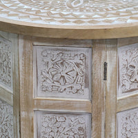 Accent Side Table, Mango Wood 18 Inch Round Top, Hand Carved Inlay Mandala Design, Washed White - UPT-315245