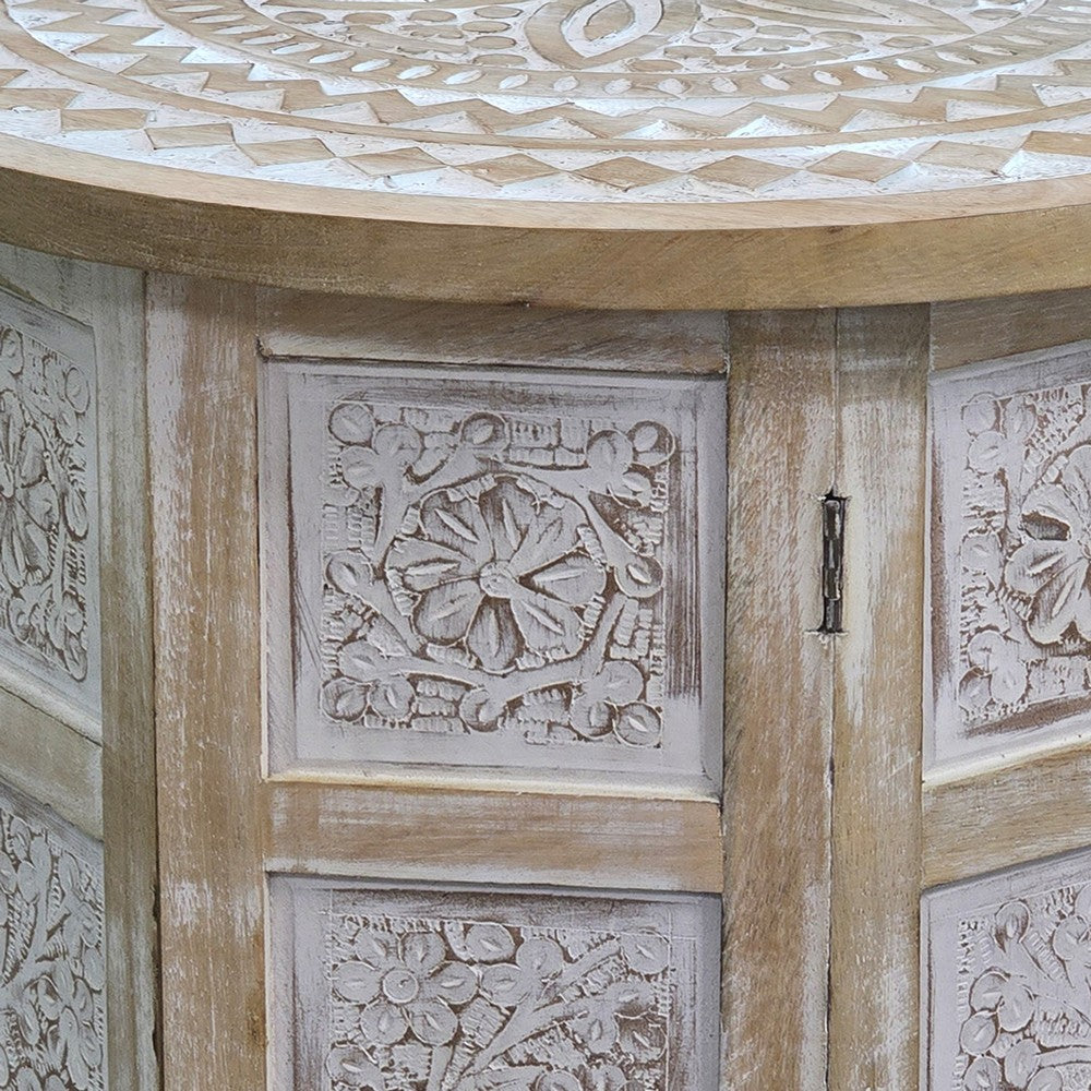 Accent Side Table, Mango Wood 18 Inch Round Top, Hand Carved Inlay Mandala Design, Washed White - UPT-315245
