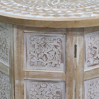 Accent Side Table, Mango Wood 18 Inch Round Top, Hand Carved Inlay Mandala Design, Washed White - UPT-315245