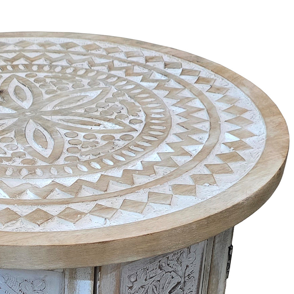 Accent Side Table, Mango Wood 18 Inch Round Top, Hand Carved Inlay Mandala Design, Washed White - UPT-315245