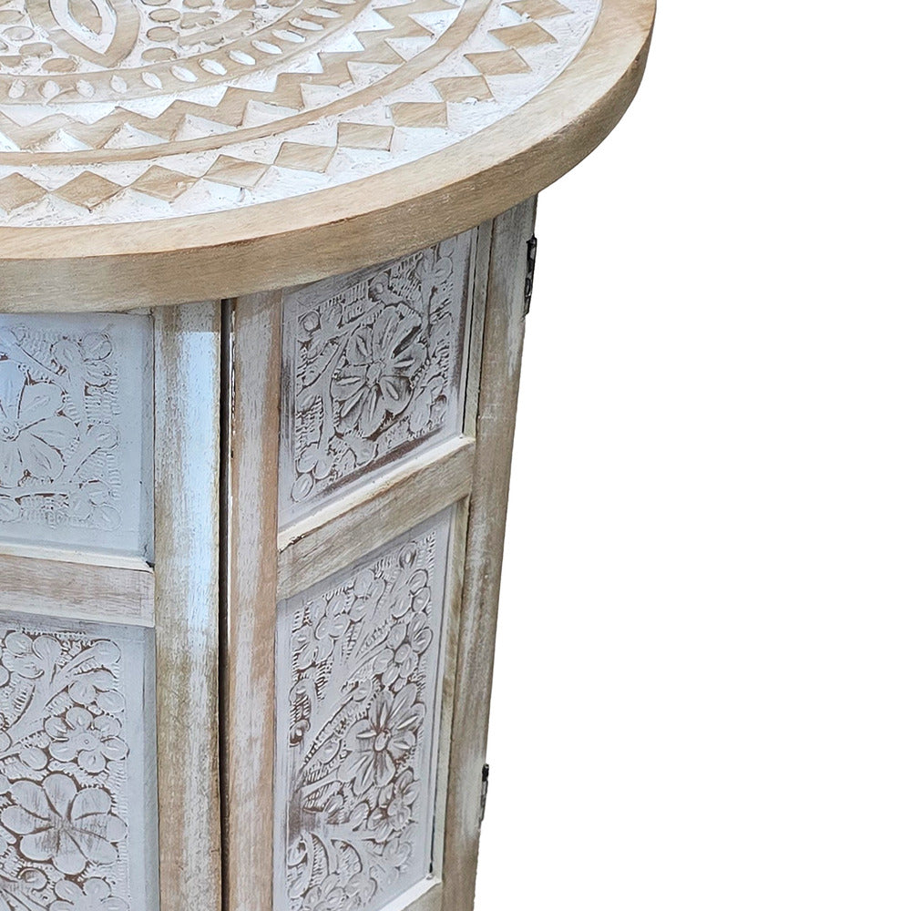 Accent Side Table, Mango Wood 18 Inch Round Top, Hand Carved Inlay Mandala Design, Washed White - UPT-315245