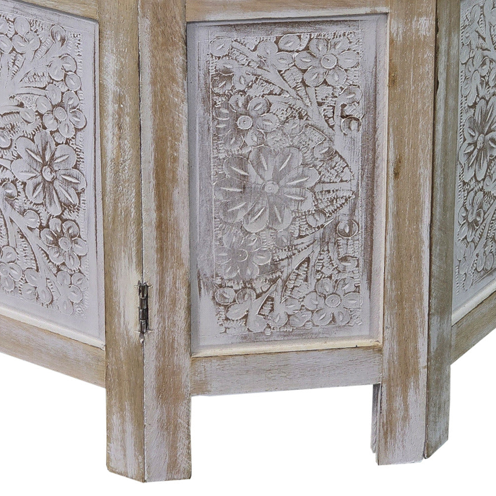 Accent Side Table, Mango Wood 18 Inch Round Top, Hand Carved Inlay Mandala Design, Washed White - UPT-315245