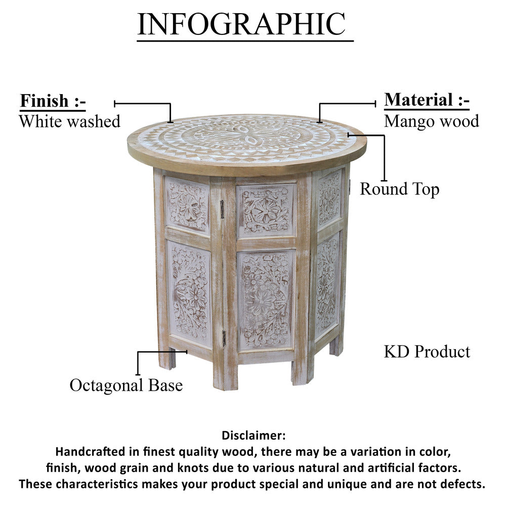 Accent Side Table, Mango Wood 18 Inch Round Top, Hand Carved Inlay Mandala Design, Washed White - UPT-315245