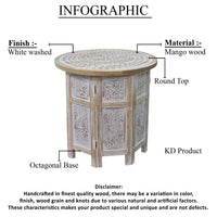 Accent Side Table, Mango Wood 18 Inch Round Top, Hand Carved Inlay Mandala Design, Washed White - UPT-315245