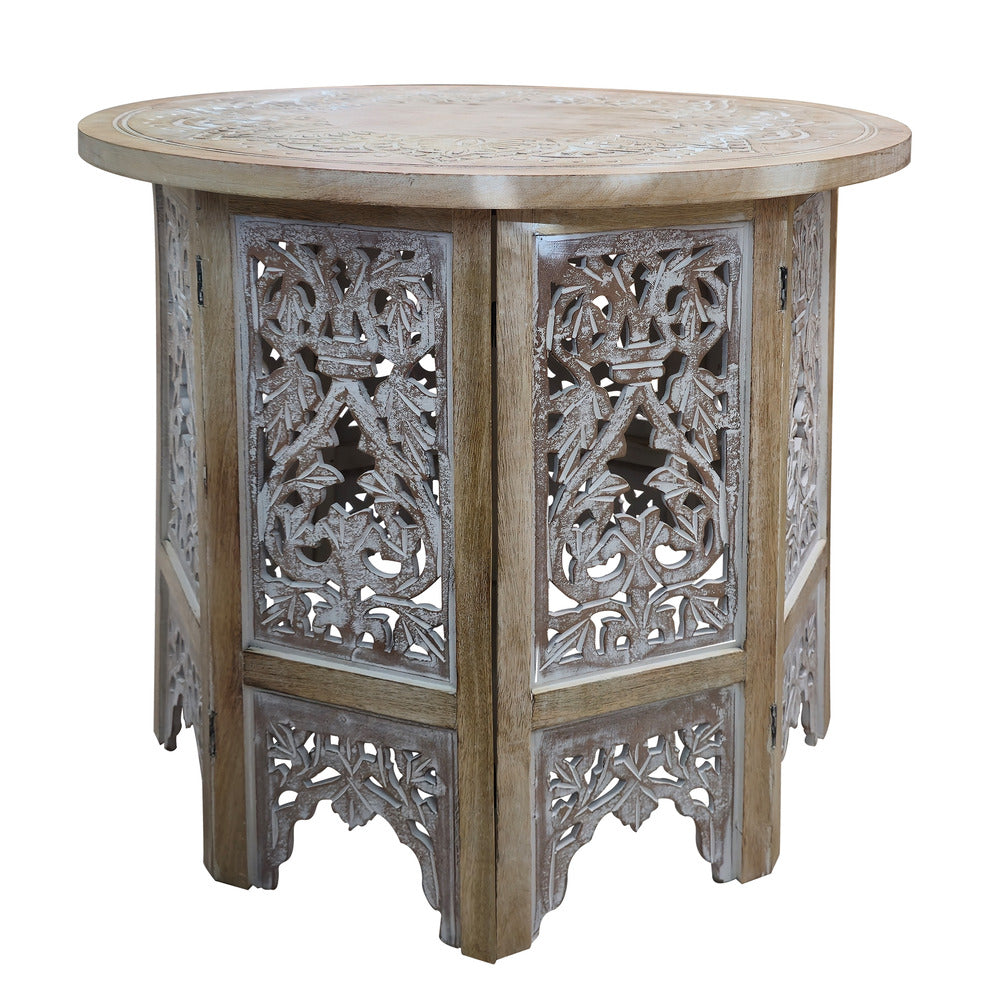 Accent Side Table, 24 Inch Round Top, Mango Wood Floral Cut Out Carved Motifs, Washed White