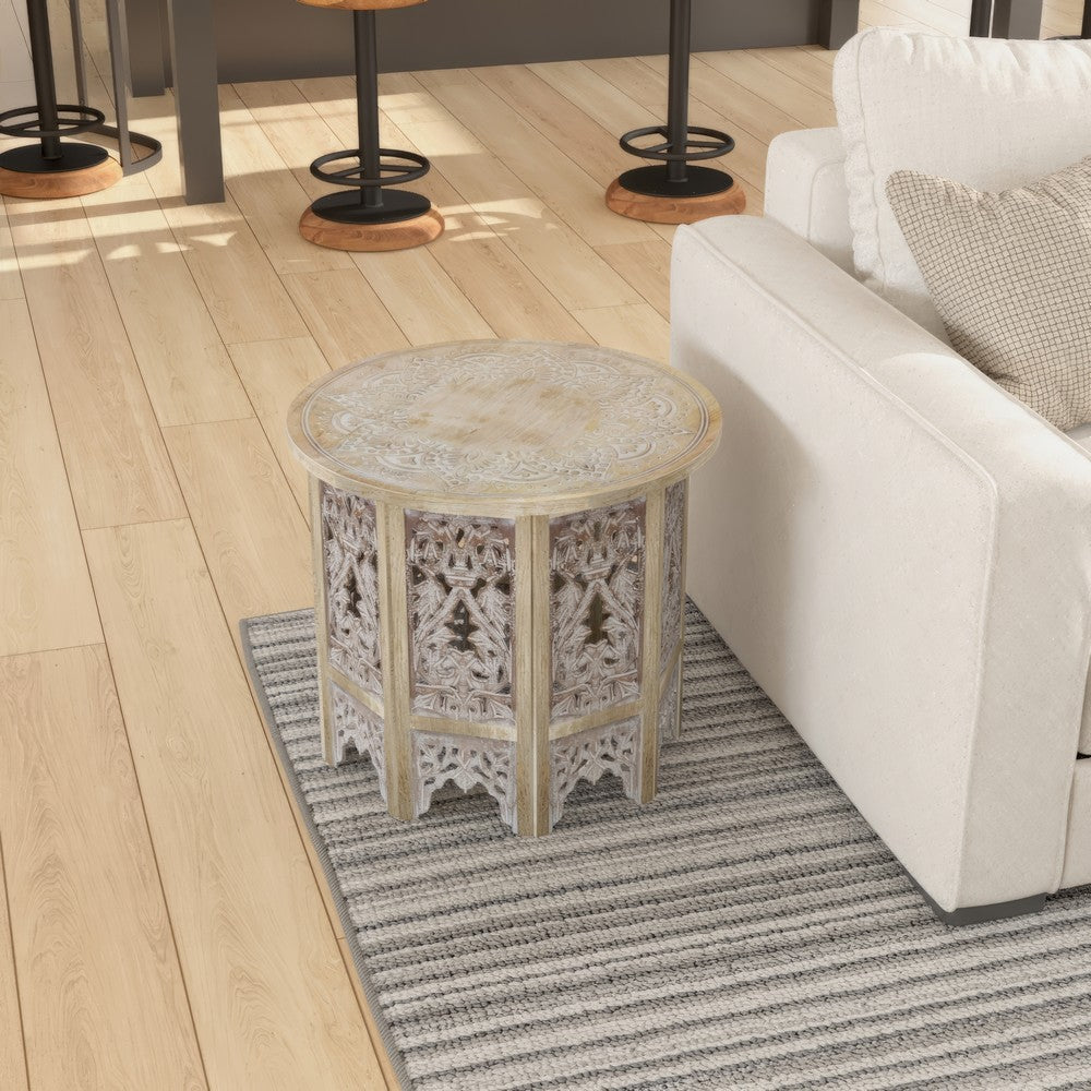 Accent Side Table, 24 Inch Round Top, Mango Wood Floral Cut Out Carved Motifs, Washed White - UPT-315246