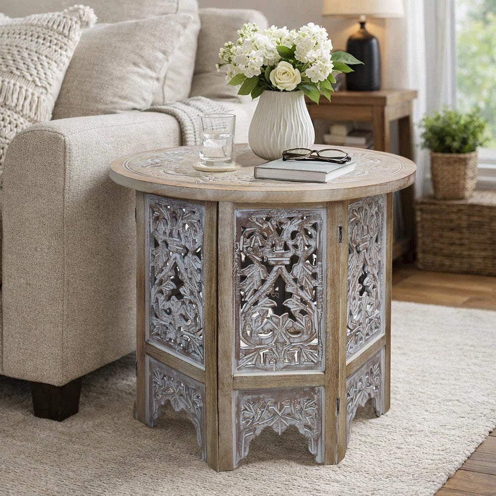 Accent Side Table, 24 Inch Round Top, Mango Wood Floral Cut Out Carved Motifs, Washed White - UPT-315246