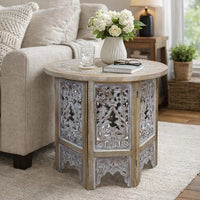 Accent Side Table, 24 Inch Round Top, Mango Wood Floral Cut Out Carved Motifs, Washed White - UPT-315246