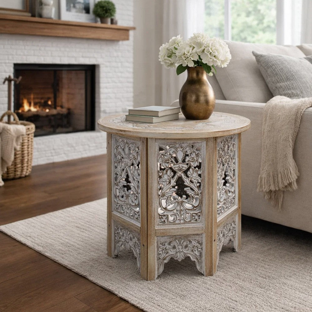 Accent Side Table, 24 Inch Round Top, Mango Wood Floral Cut Out Carved Motifs, Washed White - UPT-315246