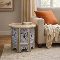 Accent Side Table, 24 Inch Round Top, Mango Wood Floral Cut Out Carved Motifs, Washed White - UPT-315246