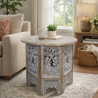 Accent Side Table, 24 Inch Round Top, Mango Wood Floral Cut Out Carved Motifs, Washed White - UPT-315246