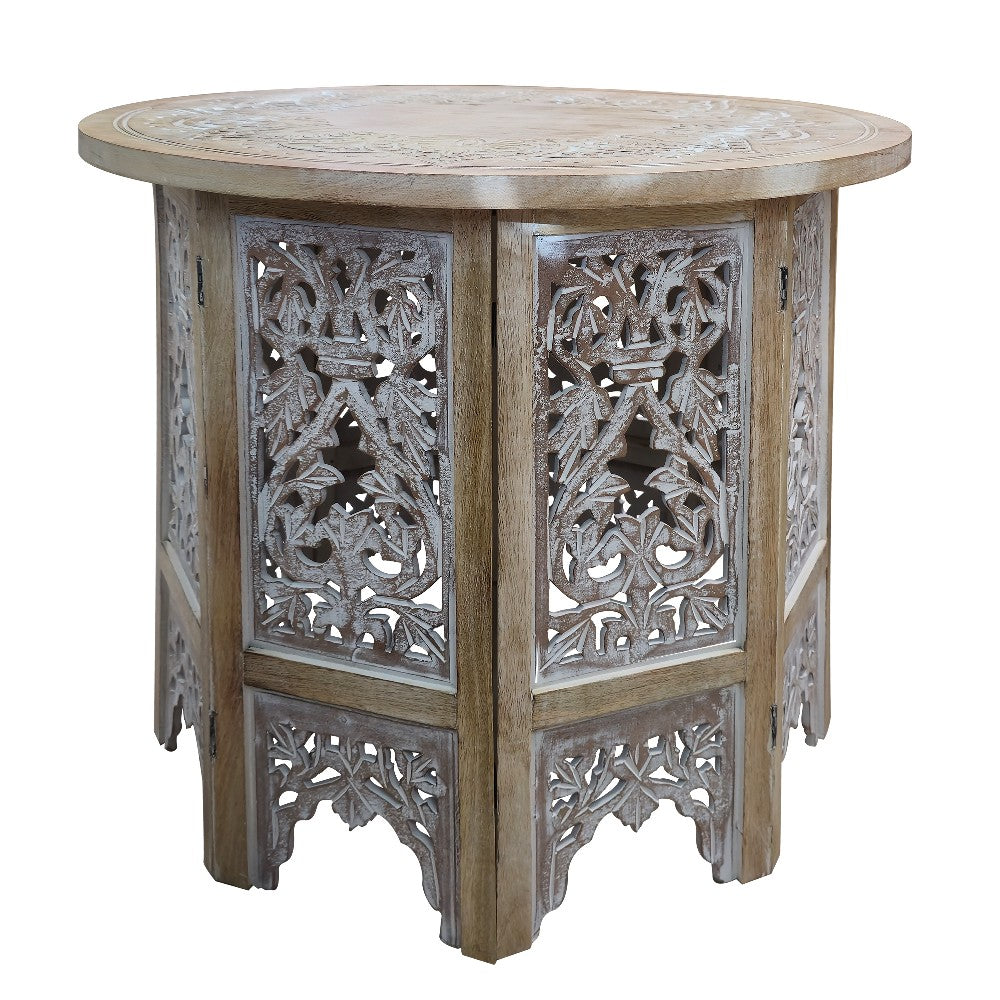 Accent Side Table, 24 Inch Round Top, Mango Wood Floral Cut Out Carved Motifs, Washed White - UPT-315246