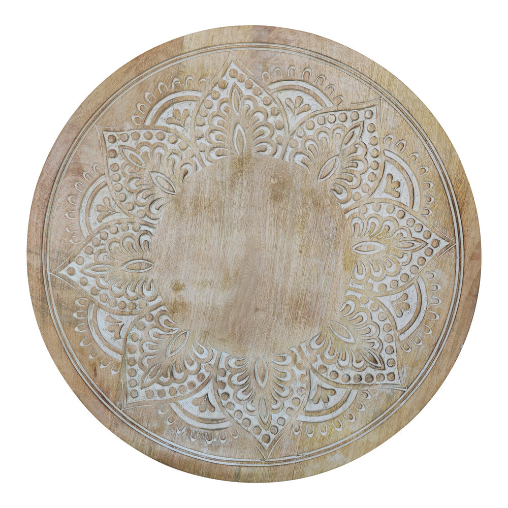 Accent Side Table, 24 Inch Round Top, Mango Wood Floral Cut Out Carved Motifs, Washed White