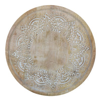 Accent Side Table, 24 Inch Round Top, Mango Wood Floral Cut Out Carved Motifs, Washed White - UPT-315246