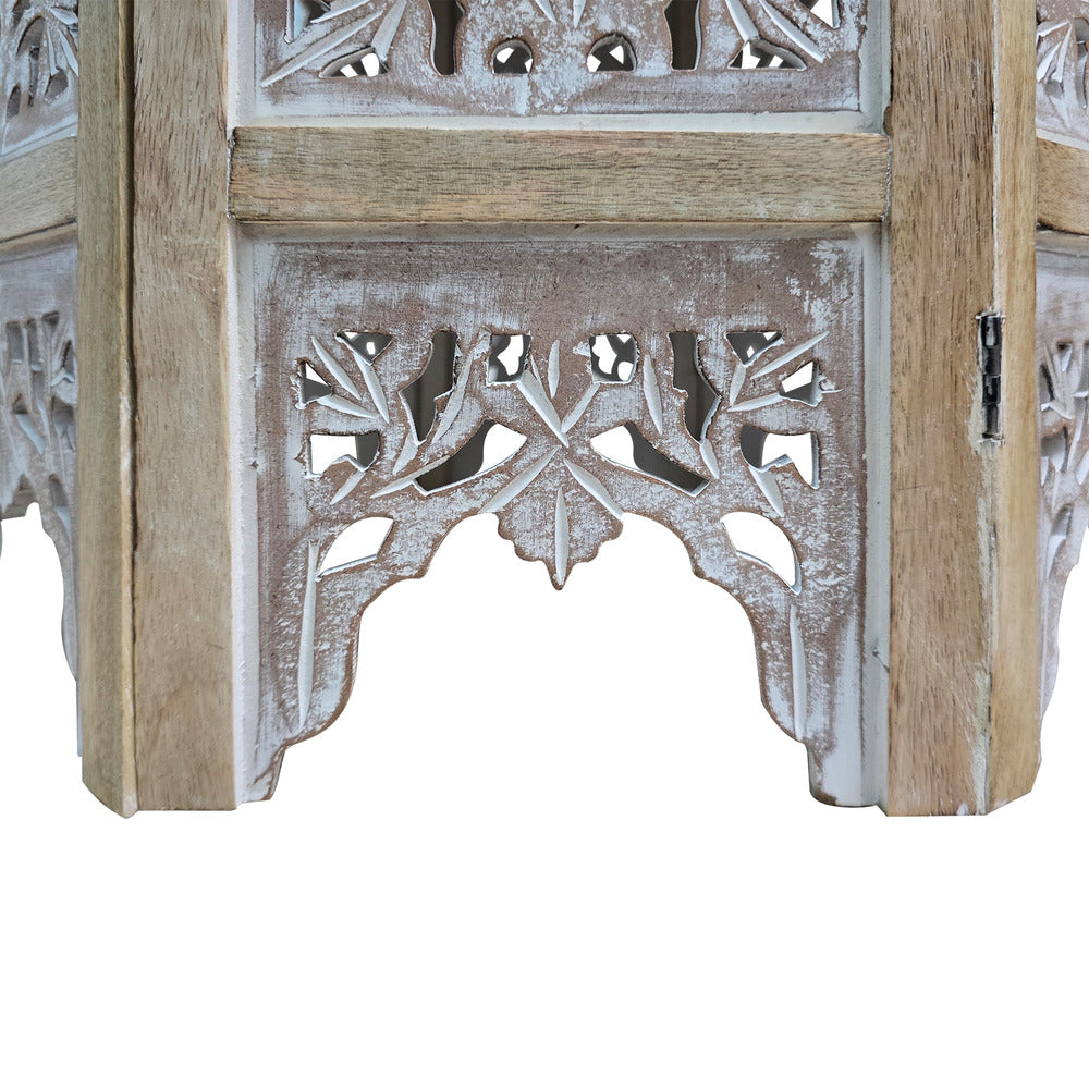 Accent Side Table, 24 Inch Round Top, Mango Wood Floral Cut Out Carved Motifs, Washed White