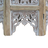 Accent Side Table, 24 Inch Round Top, Mango Wood Floral Cut Out Carved Motifs, Washed White