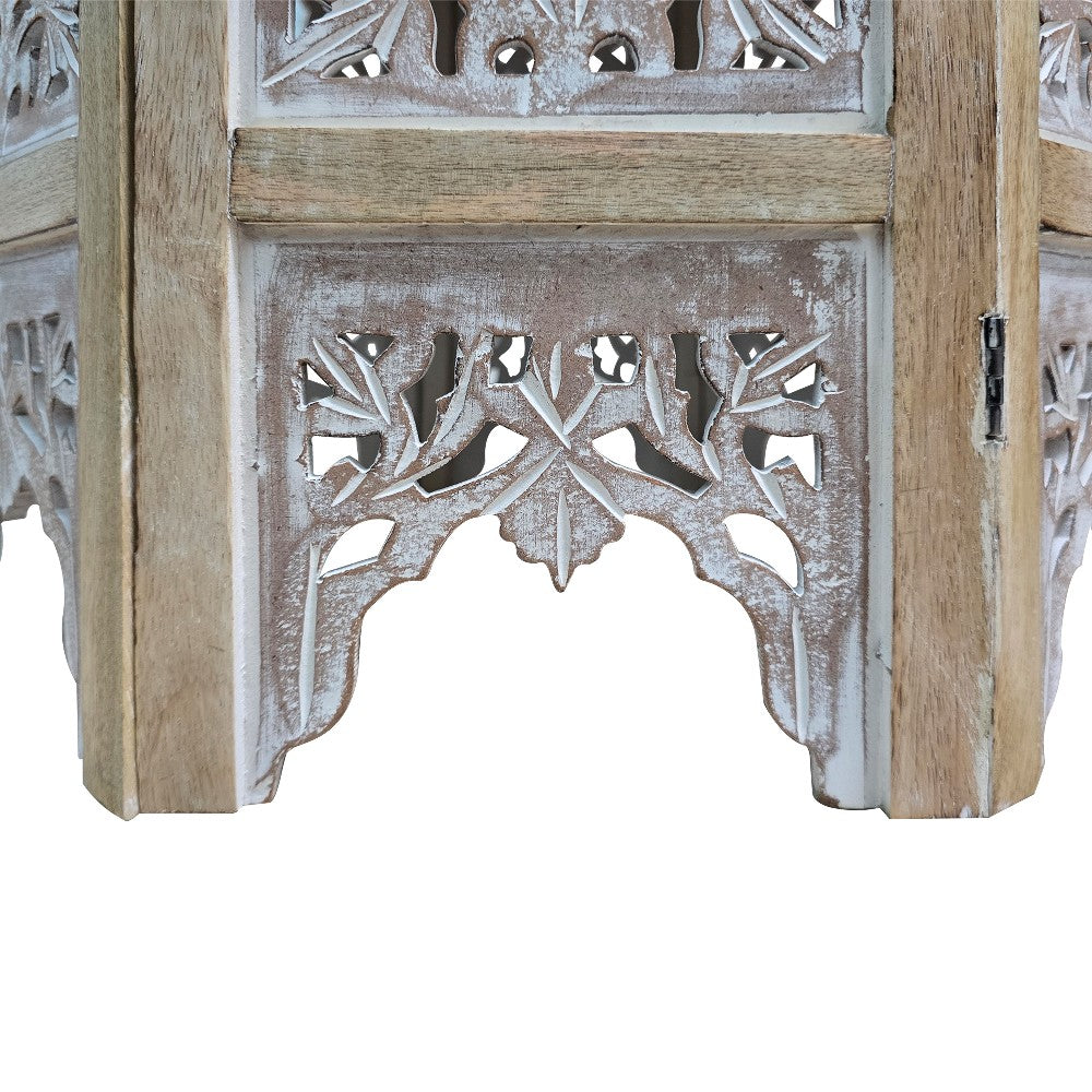 Accent Side Table, 24 Inch Round Top, Mango Wood Floral Cut Out Carved Motifs, Washed White - UPT-315246