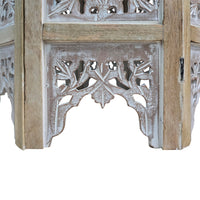 Accent Side Table, 24 Inch Round Top, Mango Wood Floral Cut Out Carved Motifs, Washed White - UPT-315246