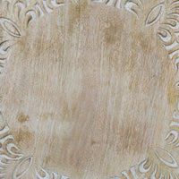 Accent Side Table, 24 Inch Round Top, Mango Wood Floral Cut Out Carved Motifs, Washed White - UPT-315246