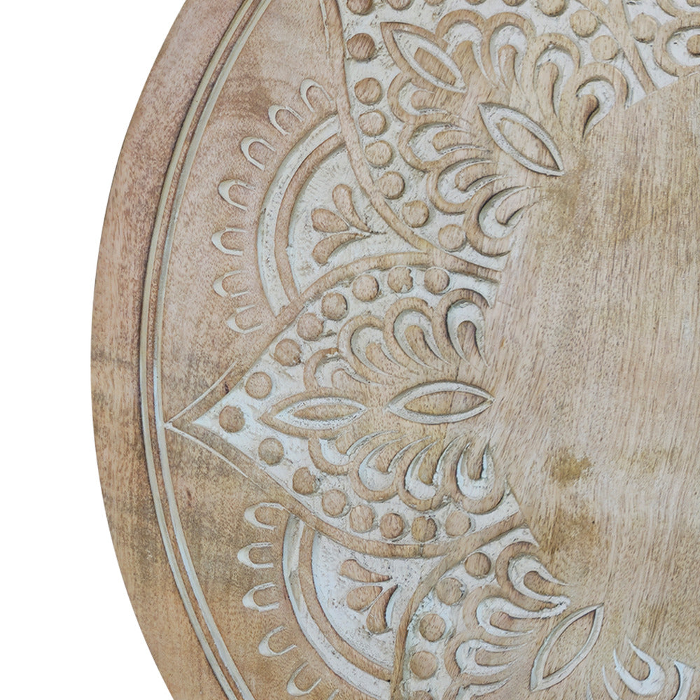 Accent Side Table, 24 Inch Round Top, Mango Wood Floral Cut Out Carved Motifs, Washed White