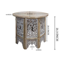 Accent Side Table, 24 Inch Round Top, Mango Wood Floral Cut Out Carved Motifs, Washed White