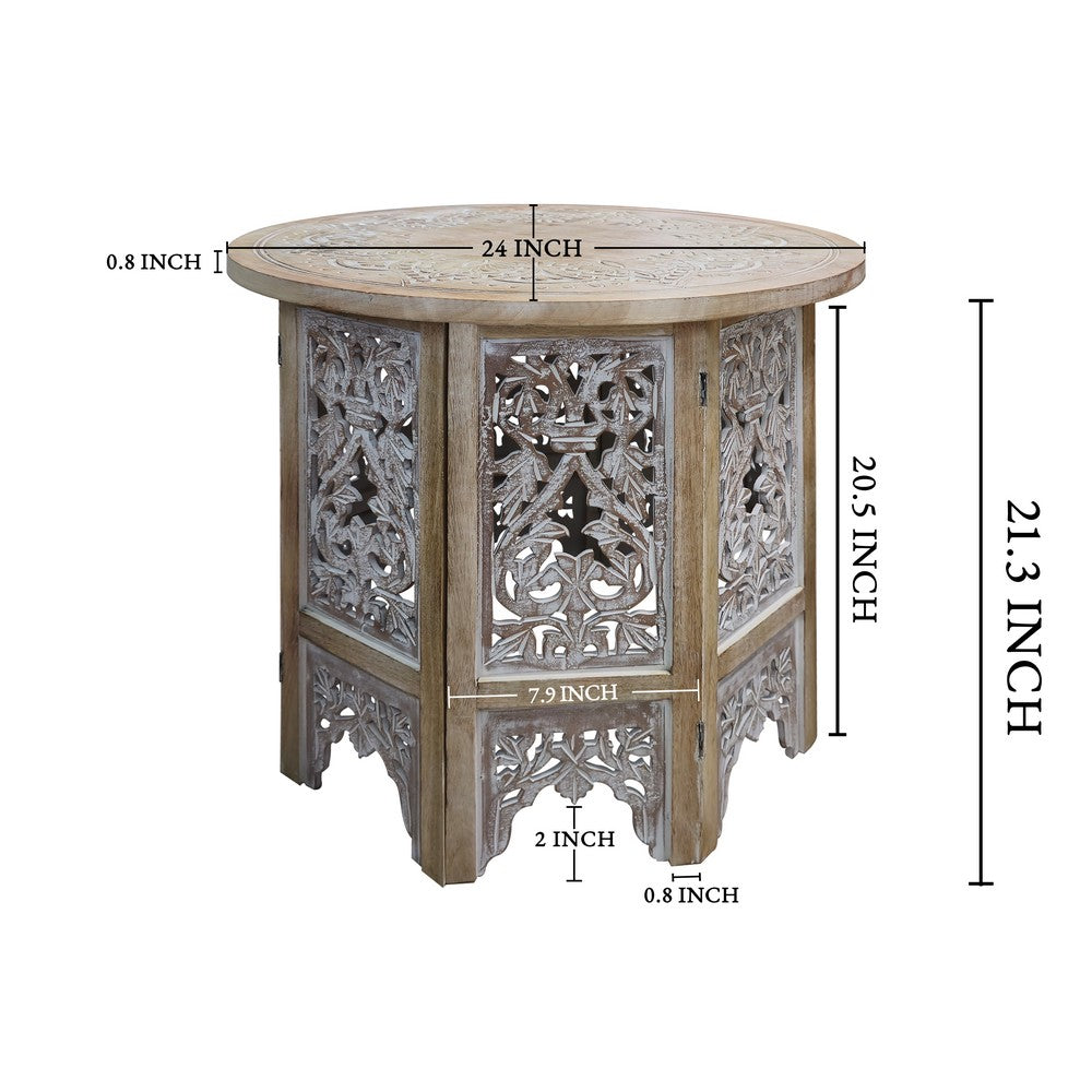 Accent Side Table, 24 Inch Round Top, Mango Wood Floral Cut Out Carved Motifs, Washed White - UPT-315246