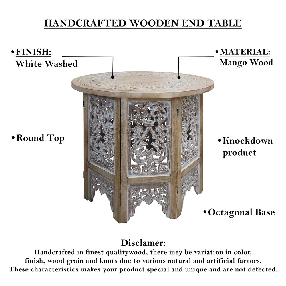 Accent Side Table, 24 Inch Round Top, Mango Wood Floral Cut Out Carved Motifs, Washed White