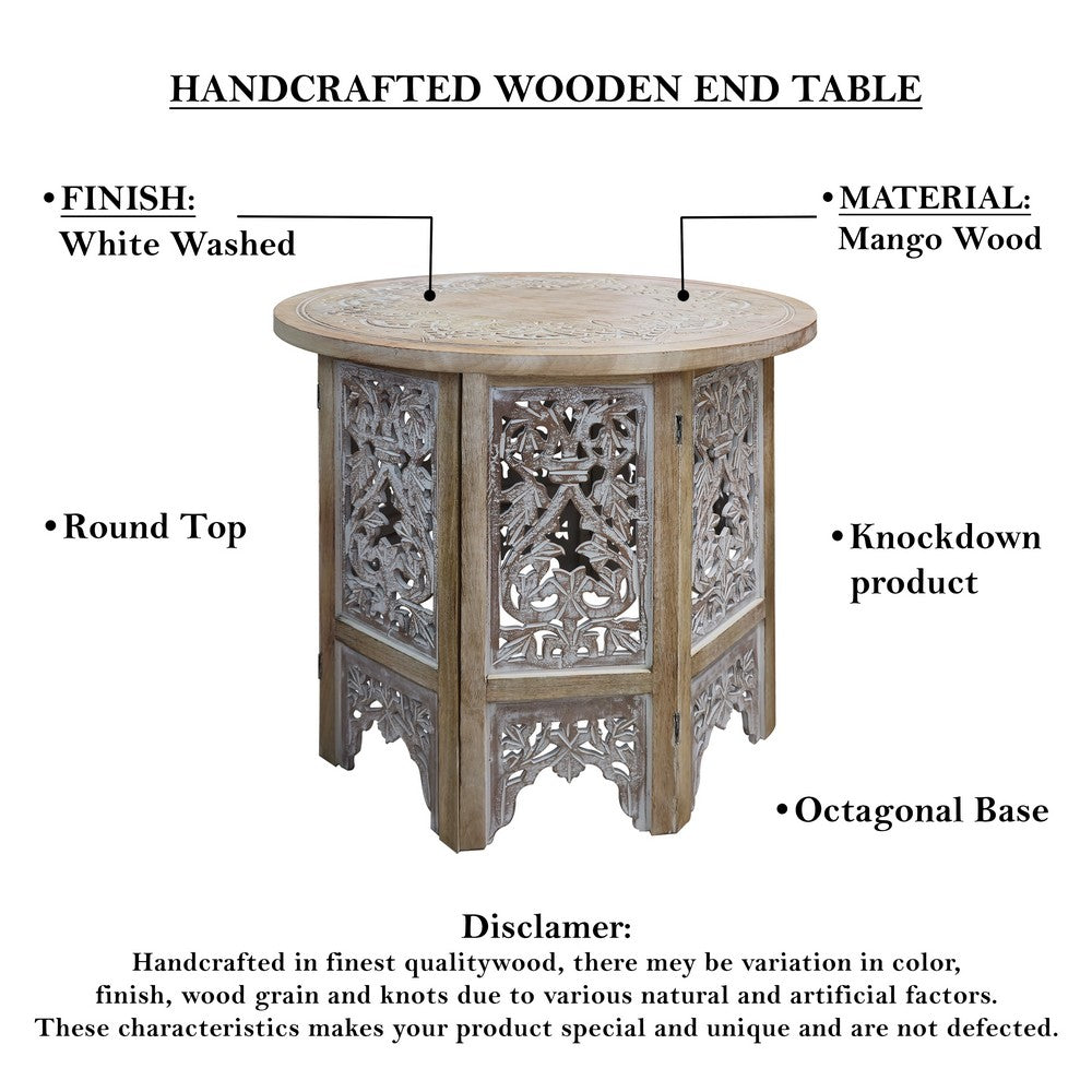Accent Side Table, 24 Inch Round Top, Mango Wood Floral Cut Out Carved Motifs, Washed White - UPT-315246