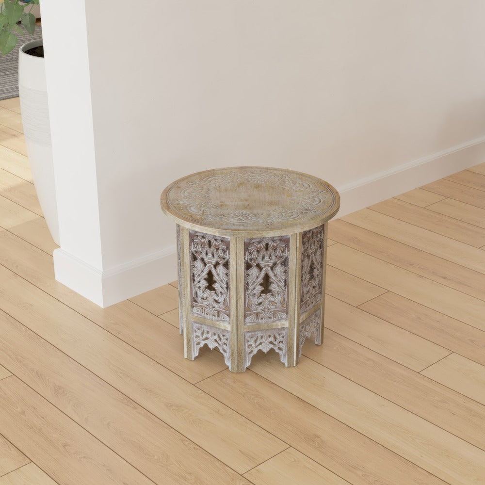 Accent Side Table, 24 Inch Round Top, Mango Wood Floral Cut Out Carved Motifs, Washed White