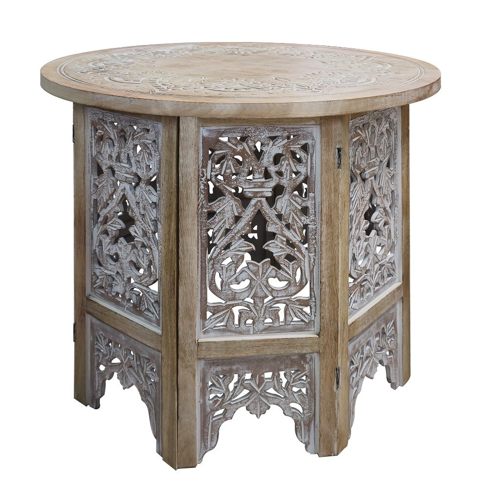 Accent Side Table, 24 Inch Round Top, Mango Wood Floral Cut Out Carved Motifs, Washed White - UPT-315246