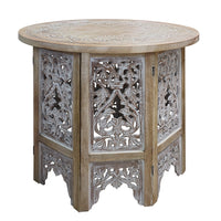 Accent Side Table, 24 Inch Round Top, Mango Wood Floral Cut Out Carved Motifs, Washed White - UPT-315246
