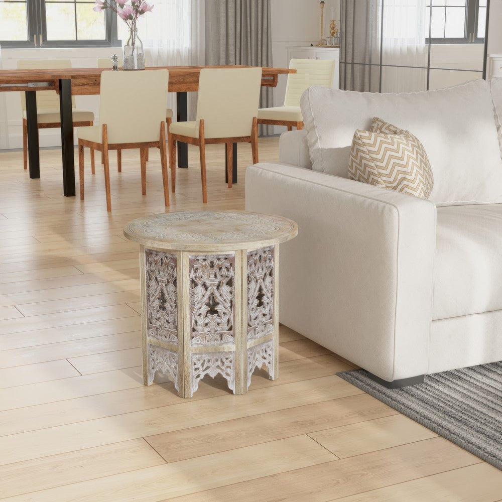 Accent Side Table, 24 Inch Round Top, Mango Wood Floral Cut Out Carved Motifs, Washed White - UPT-315246