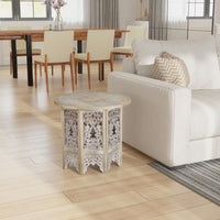 Accent Side Table, 24 Inch Round Top, Mango Wood Floral Cut Out Carved Motifs, Washed White - UPT-315246