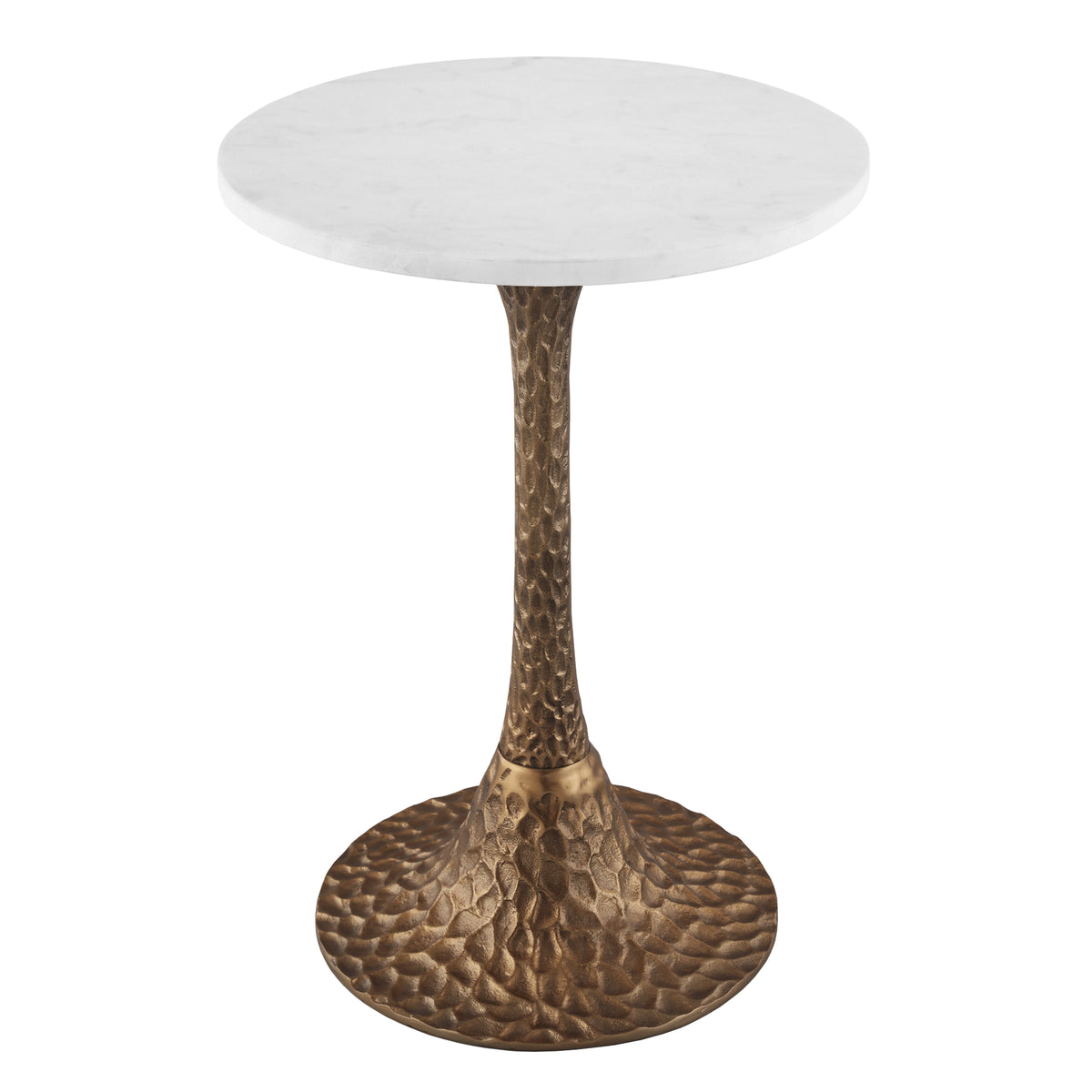 Tyler Accent Side Table, 14.5 Inch Round White Marble Top, Antique Brass Hammered Pedestal Base - UPT-315640