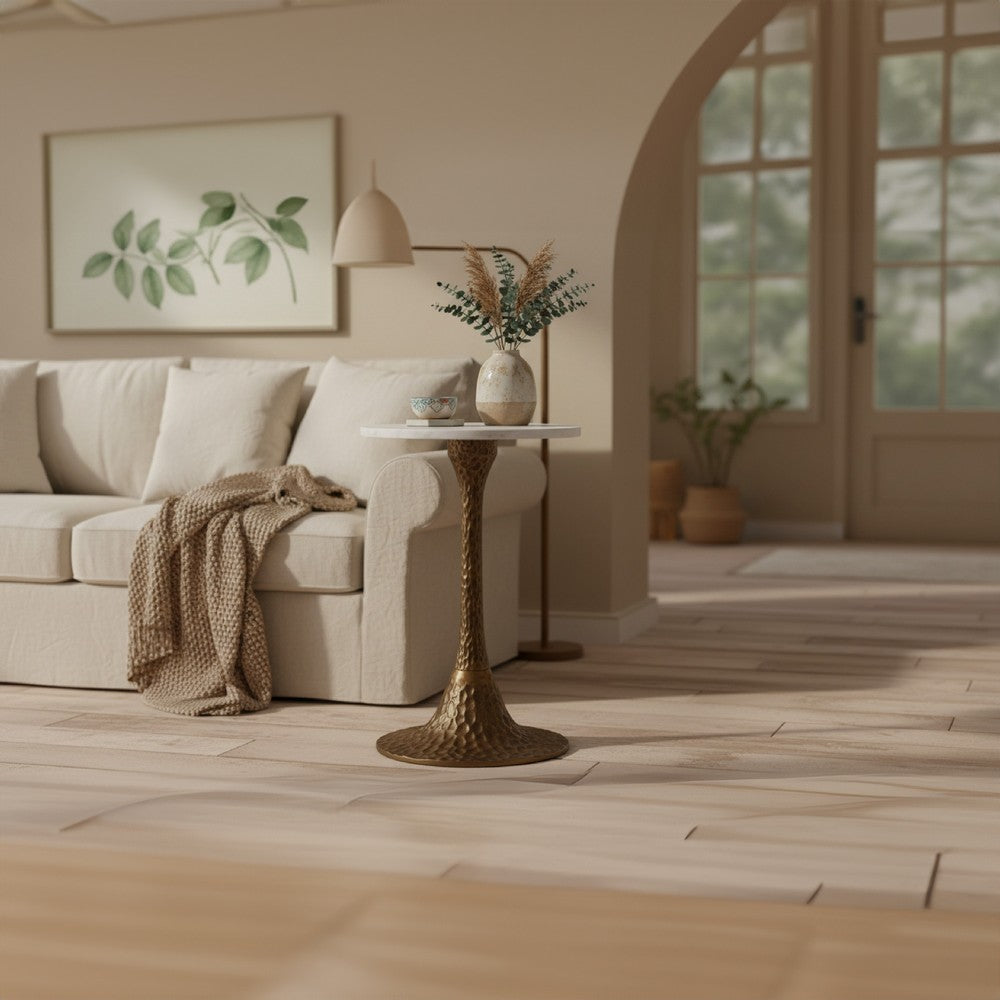 Tyler 20.5 Inch Accent Side Table, Round White Marble Top, Antique Brass Hammered Pedestal Base - UPT-315640