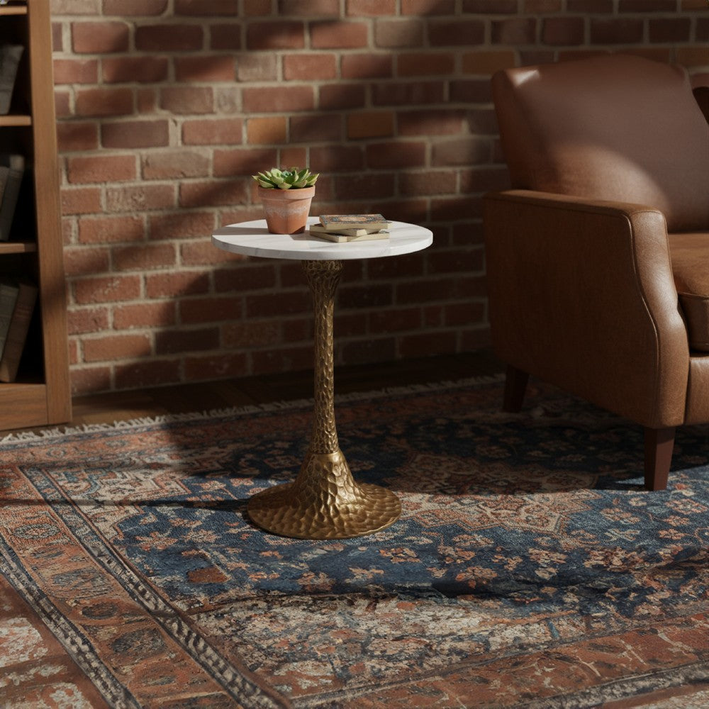 Tyler 20.5 Inch Accent Side Table, Round White Marble Top, Antique Brass Hammered Pedestal Base - UPT-315640