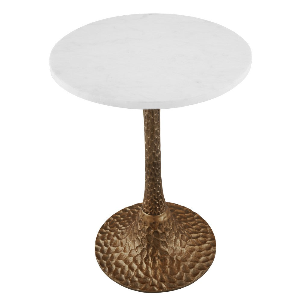 Tyler 20.5 Inch Accent Side Table, Round White Marble Top, Antique Brass Hammered Pedestal Base - UPT-315640