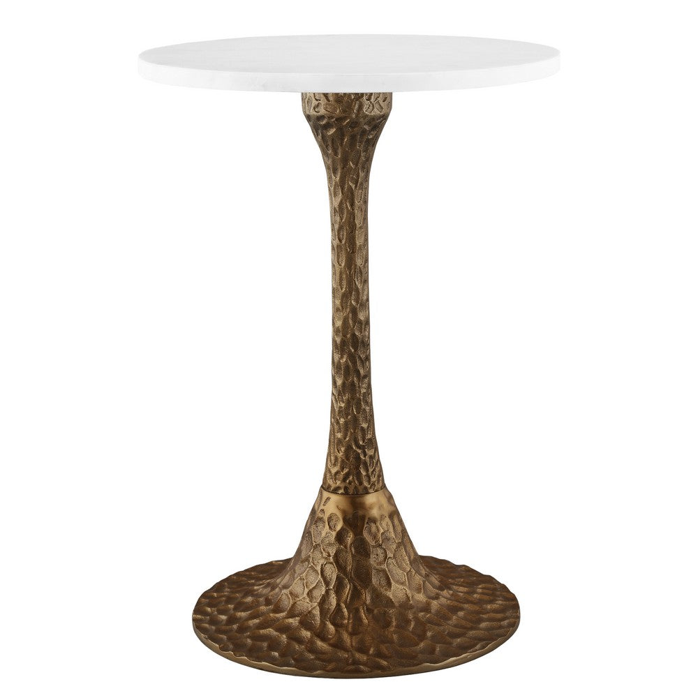 Tyler 20.5 Inch Accent Side Table, Round White Marble Top, Antique Brass Hammered Pedestal Base - UPT-315640