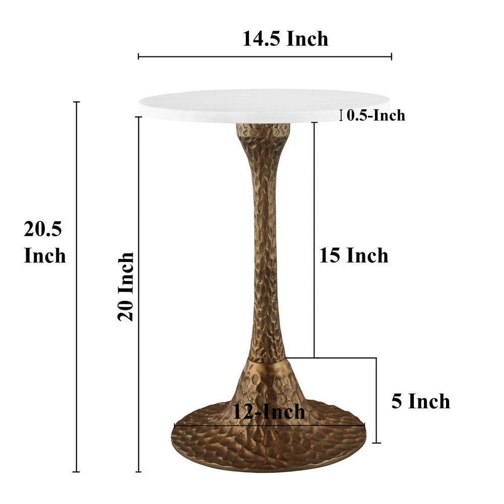 Tyler 20.5 Inch Accent Side Table, Round White Marble Top, Antique Brass Hammered Pedestal Base - UPT-315640
