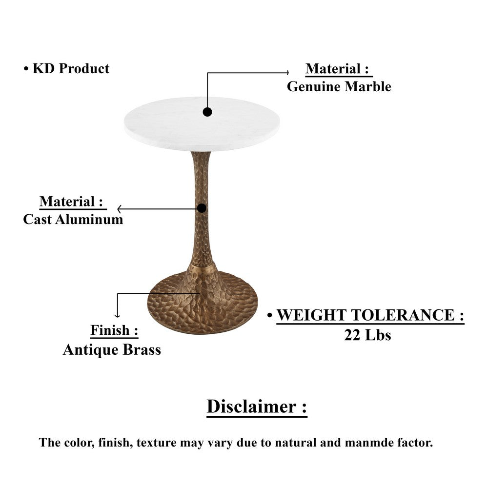 Tyler 20.5 Inch Accent Side Table, Round White Marble Top, Antique Brass Hammered Pedestal Base - UPT-315640