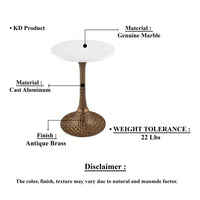 Tyler 20.5 Inch Accent Side Table, Round White Marble Top, Antique Brass Hammered Pedestal Base - UPT-315640